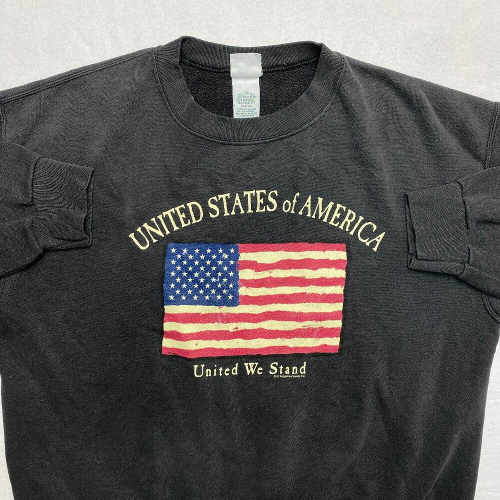 Vintage USA Flag Sweatshirt Men's L Black Long Sleeve Crewneck Patriot Pullover